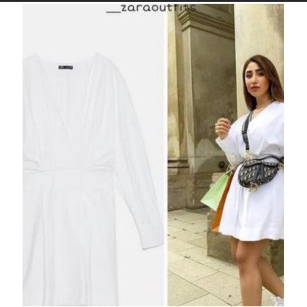 ZARA V-Neck Crossed pleated White mini cotton long sleeve Shirt Dress XS NWT - Picture 4 of 16